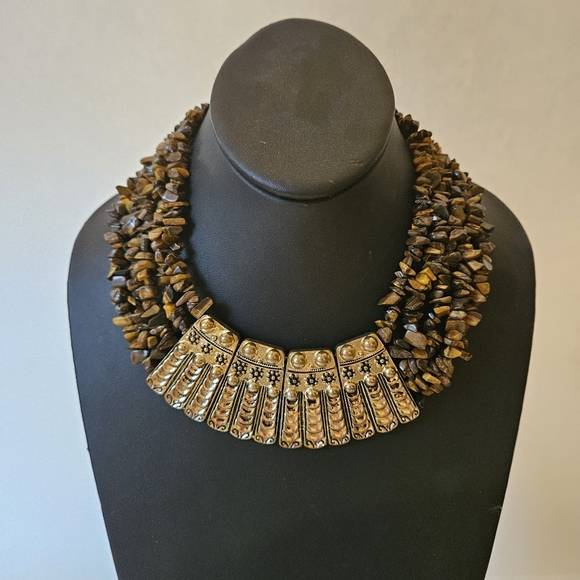 Tiger Eye Chip Stone and Gold Tone Necklace - Picture 1 of 3